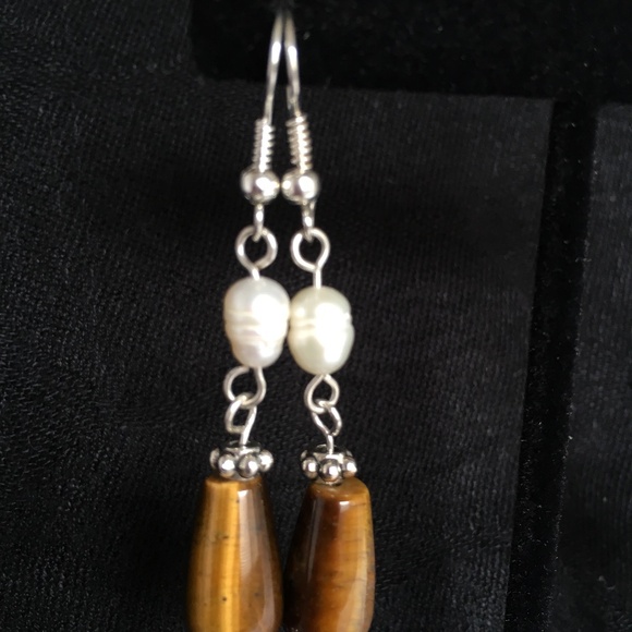 New Handmade Freshwater Pearl Tiger Eye Earrings - Picture 1 of 3